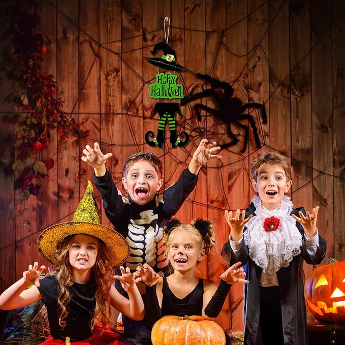 Yerliker Halloween Happy Sign Decoration Witch Legs Hat Hanging Wooden Wall Decor Version Rustic Front Door Hanger Fall Art Ornament for Home Room Indoor Outdoor Holiday Party(Green)