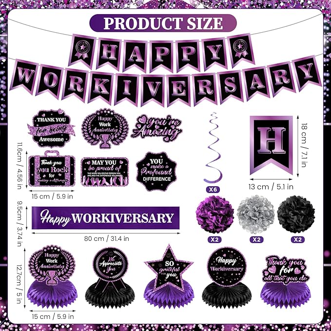 Happy Work Anniversary Decorations Black and Purple Happy Workiversary Banner Honeycomb Centerpieces Hanging Swirls Tissue Paper Pompoms Sash Set for Women Office Employee Worker Appreciation Supplies