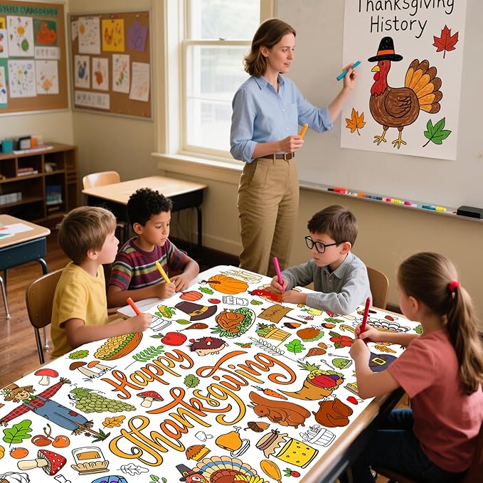 Thanksgiving Giant Coloring Poster,33.8 x 72 Inches Fall Jumbo Paper Tablecloth DIY Art Crafts Mat Turkey Pumpkin Poster Parties for Parent-Child Interaction Autumn Themed Wall Home Classroom Suppiles
