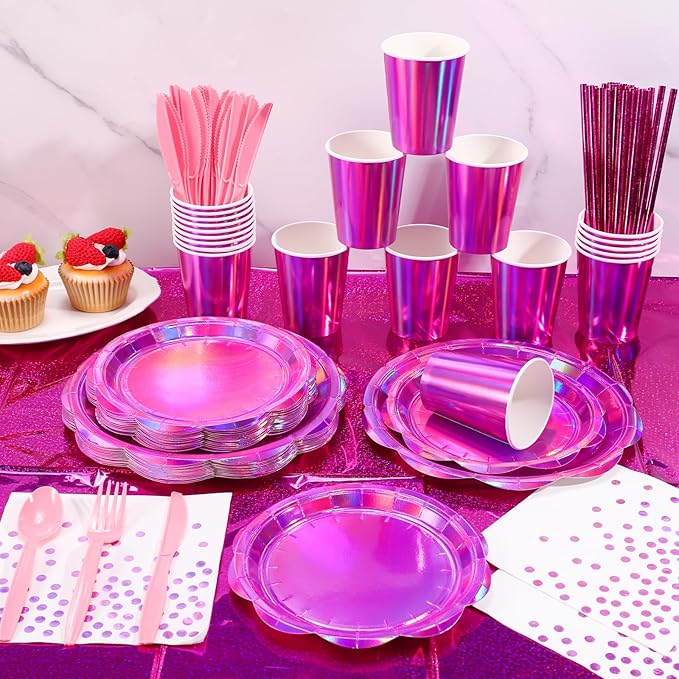 200 Pcs Pink Plates and Napkins Party Supplies, 25 Guest Scalloped Iridescent Pink Plates Napkins Cups Set Holographic Pink Party Decorations for Birthday, Mermaid, Disco Party
