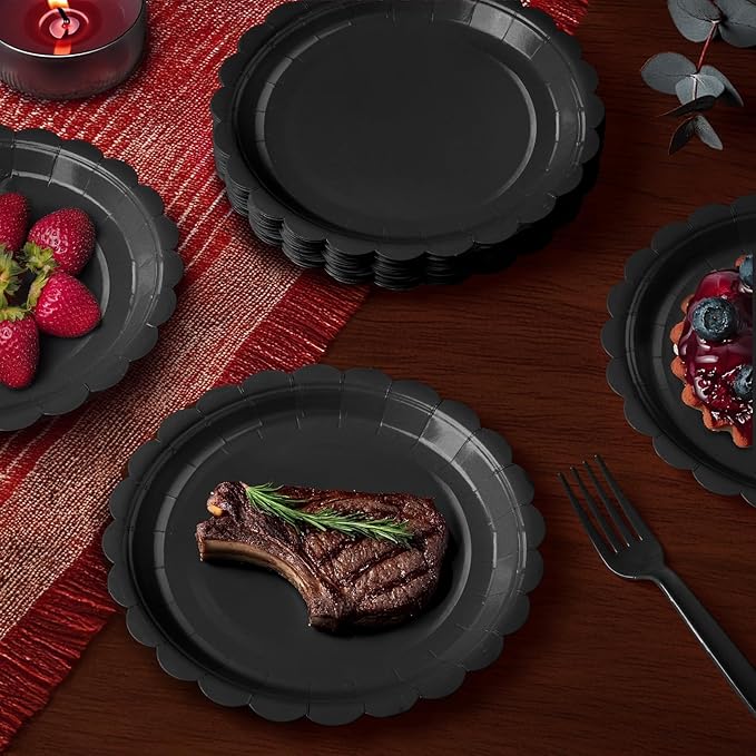 105PCS Paper Plates and Napkins Set,7 Inch Scalloped Disposable Tableware with Forks for Birthdays, Garden Parties & Outdoor Events,Serves 35 (Black)