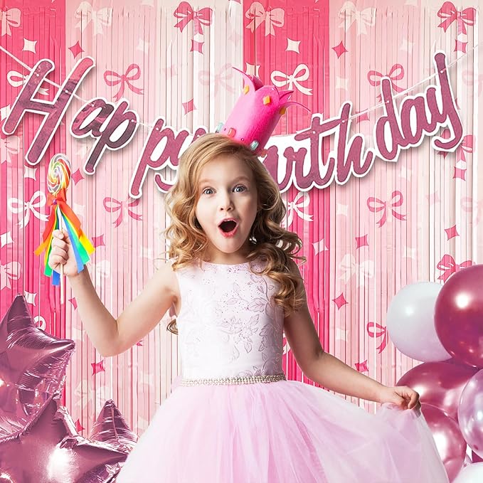 MYUPDALIN 2 Pack Pink Bow Foil Fringe Tinsel Backdrop Party Decorations for Bow Birthday Decoration Coquette Shower Wedding Girl Bows Theme Party Decor