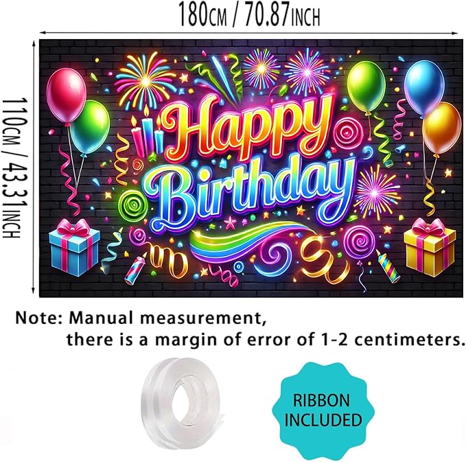 Nuxovilar Neon Brick Wall Happy Birthday Banner - 71x43 Inch,Party Decor Banner Vibrant Balloons & Fireworks Backdrop for Indoor/Outdoor Parties