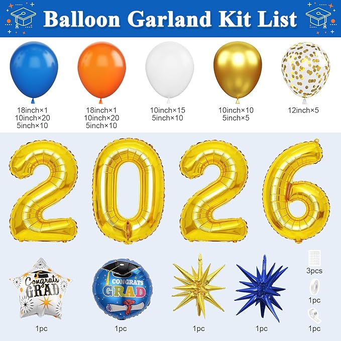 Orange Blue Gold Balloon Arch Kit, Graduation Balloons Garland, 2026 Graduation Decorations Blue and Orange Gold Balloons with Foil Star Confetti Balloon for Class of 2026 Party Decor