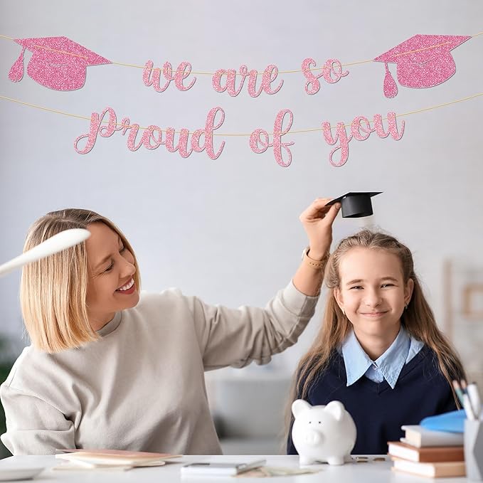 Graduation Decor - 9 ft Pink Pre-Strung We Are So Proud of You Banner, Graduation Party Decorations & Decor for Elementary, 5th Grade, 8th Grade, High School, College, Congrats Grad Sign