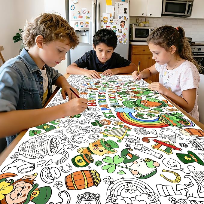 St. Patrick's Day Coloring Poster, 32 x 71 Inch Versatile Paper Coloring Tablecloth, St Pattys Day Crafts, Party Decorations