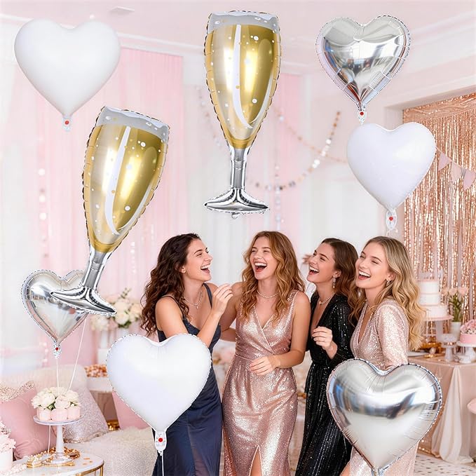 Champagne Balloons, Engagement Party Balloons with Champagne Bottle Glass Foil Mylar Balloon Silver White Heart Shaped Balloon for Wedding Anniversary Bachelorette Birthday Bridal Shower Decorations