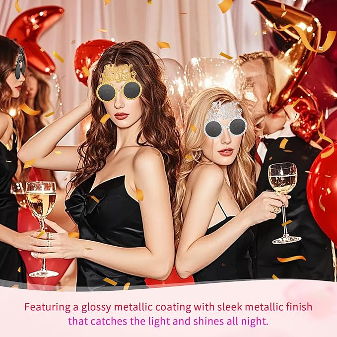 Happy New Year Metallic Glasses Shiny 2026 Party Eyeglasses for Adults & Kids Fun NYE Accessories & Photo Booth Props