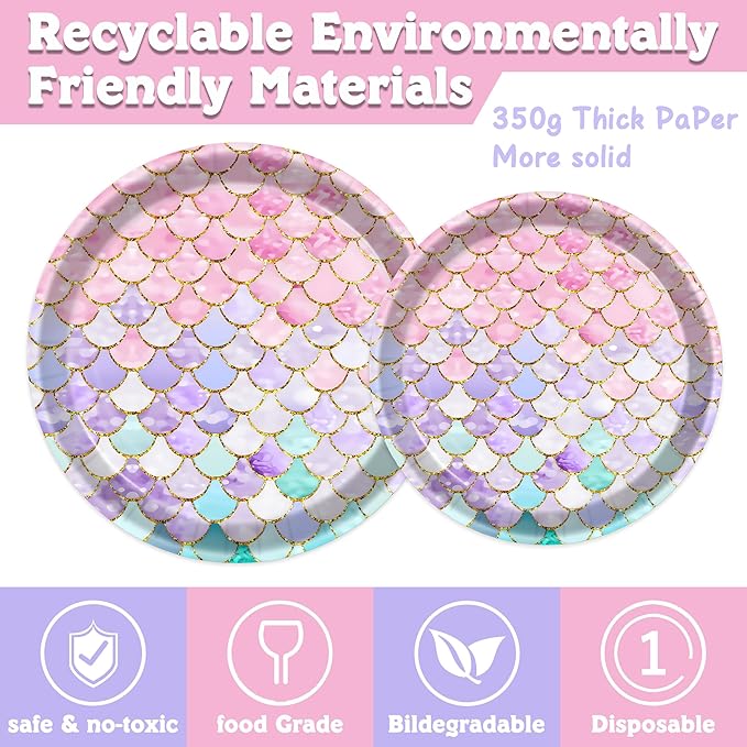 Mermaid Birthday Party Decorations Set - Supplies Include Plates, Napkins, Cups, Tablecloth, Banner for Baby Shower - Ocean Little Mermaid Party Decorations, Serves 25