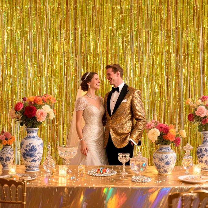 Shimmering Gold Foil Fringe Curtains - 3.28 x 6.56ft Metallic Streamers Tinsel Photo Booth Backdrop Curtain for Birthday Party, Wedding & Photography Background Photo Booth Decoration