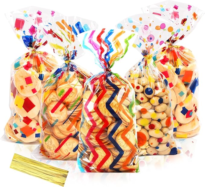 SOMIOCO Rainbow Cellophane Treat Bags Party Favor Bags 5x11 in 100 Pieces Plastic Candy Bags Gift Bags Goodie Bags with Twist Ties for Valentine, Birthday,Cookie Snack Packing Party Bags (4 Pattrerns)
