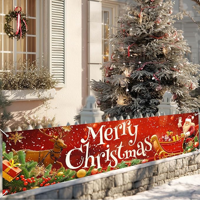 Merry Christmas Banner 79x18 Inches Santa Sleigh and Reindeer Christmas Fence Banner Outdoor Holiday Backdrop for Yard Wall Christmas Door Decorations Large Winter Backdrop Outdoor Display