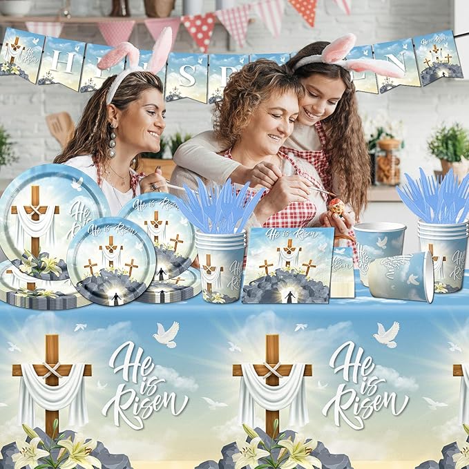 He is Risen Party Supplies, 142Pcs Easter He is Risen Decoration Tableware Set Include Easter Religious Plates and Napkins,Cups,Banner,Tablecloth for Spring Christian Party Supplies
