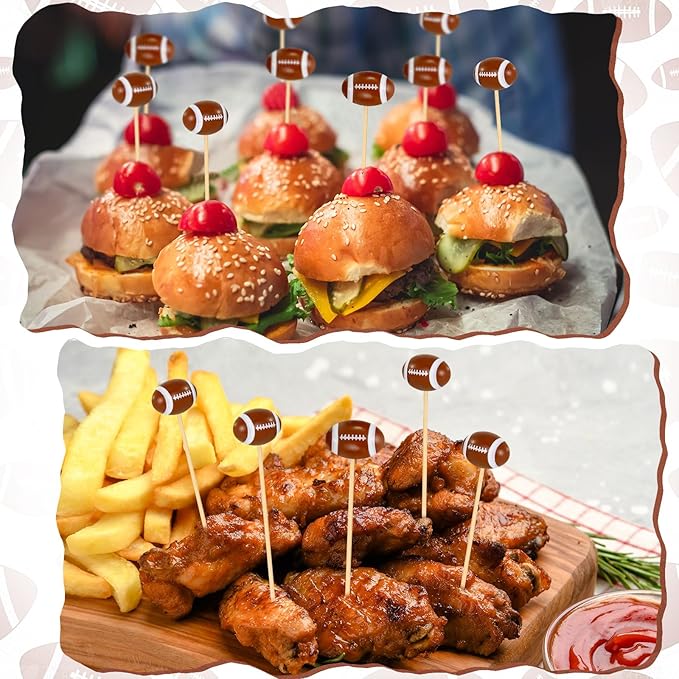 100 Pcs Football Toothpicks, 4.72 Inch Football Cocktail Picks for Appetizers, Long Bamboo Toothpicks, Decorative Toothpicks Skewers for Holiday Birthday Party Decorations (Football 3D)