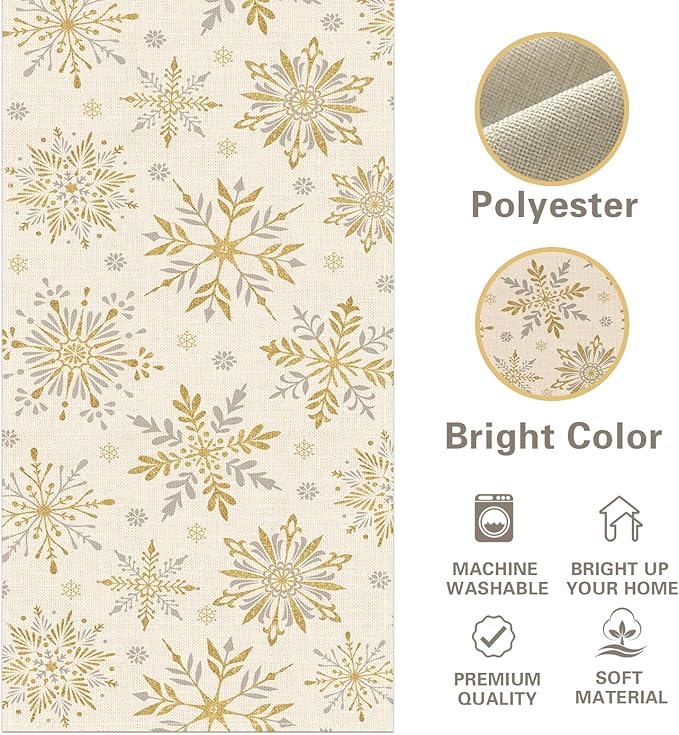 Winter Gold Snowflake Dining Table Runner, Golden Snow Glitter Burlap Kitchen Decoration, Christmas Seasonal Indoor Outdoor Home Decor Party Supply 13 x 72 Inches