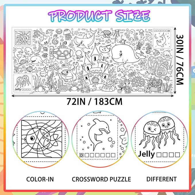 Under The Sea Giant Coloring Poster 72 x 30 Inch Large Ocean Theme Coloring Roll Paper Huge Table Art Crafts for Kids Wall Classroom Home Gift Birthday Party Supplies Decoration