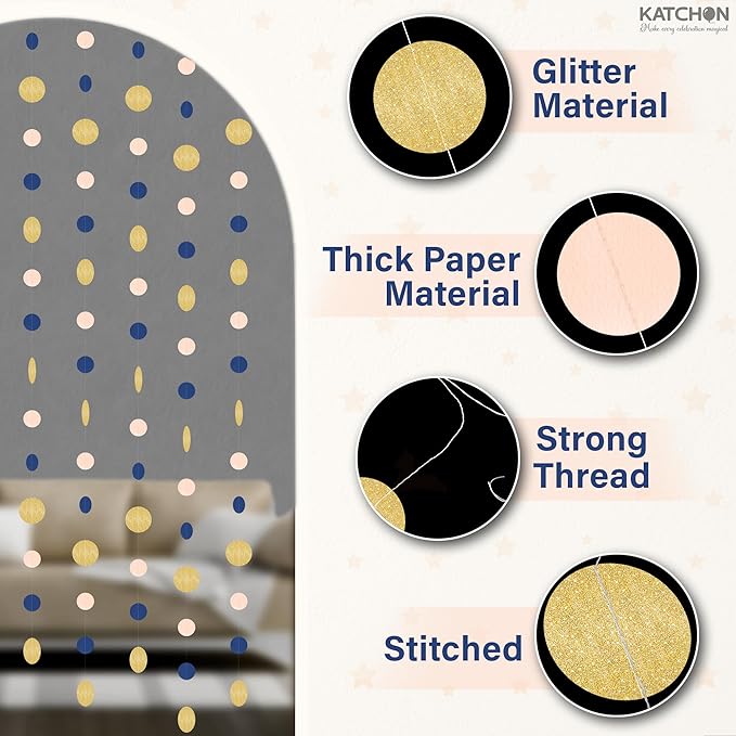 KatchOn, Circle Dots Paper Garland - 65 Feet, Pack of 5 | Colorful Birthday Garland for Pink Gold Birthday Decorations | Blue Gold Hanging Decorations for Wedding, Baby Shower, Bridal, Classroom Decor