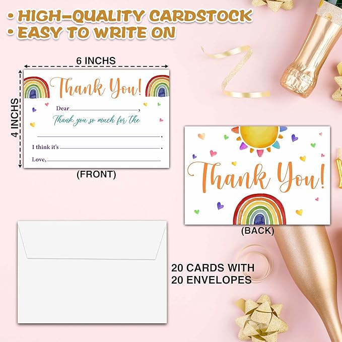 Kids Thank You Cards Fill in the Blank, Boho Rainbow Thank You Cards, Rainbow Greeting Cards, Thank You Notes For Boys Girls, Birthday Party Decorations Favors (20 Cards With 20 Envelopes) -11