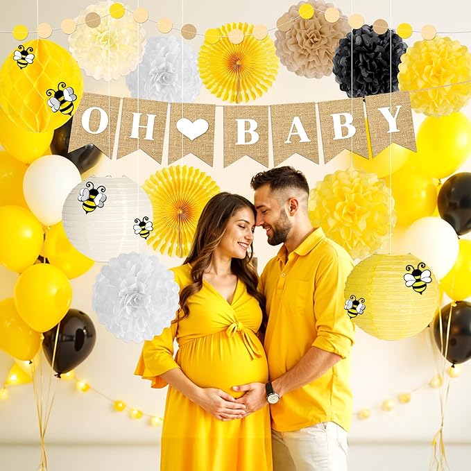Bee Baby Shower Decorations 14 Pcs Honey Bee Baby Shower Decorations with Banner, Paper Lantern PomPoms Fans, Honeycomb Ball for Bumblebee Party Decor