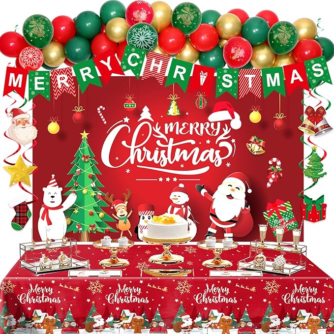 Christmas Party Decorations, Balloon Arch Garland Kit for Kids with Green Red Balloons, Merry Christmas Backdrop Banner Tablecloths Hanging Swirls Pendant for XMAS Decorations Supplies