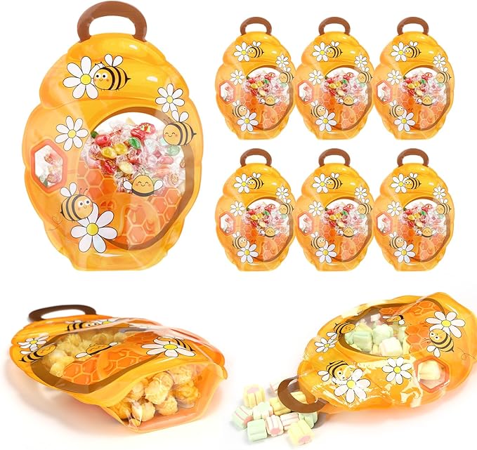 ReliThick 50 Pcs Bee Gift Bags with Handles, Sealed Plastic Honeycomb Bee Party Favors Bags Bulk Daisy Honey Goodie Candy Treat Pouch for Snack Spring Summer Birthday Baby Shower Decor Supply
