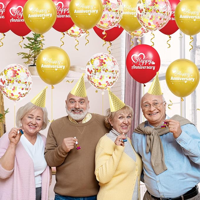 Happy Anniversary Balloons 18Pcs Red Gold Party Decorations for Women Men 12Inch Metallic Confetti Balloons for Indoor Outdoor Party Supplies