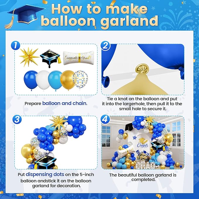 Blue Gold White Balloons Arch Kit, Blue White Balloon Arch with 4D Gold Star Graduation Certificate and Cap Foil Balloon, Royal Golden Confetti Balloons for 2026 Graduation Decoration Birthday Party