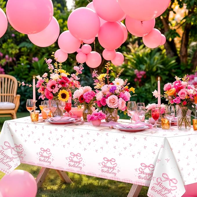 3 Pack Coquette Pink Bow Plastic Tablecloth, 54 X 108Inch Disposable Happy Birthday Table Cloth for Rectangle Tables Waterproof Table Cover for Girls Bridal Wedding Birthday Party