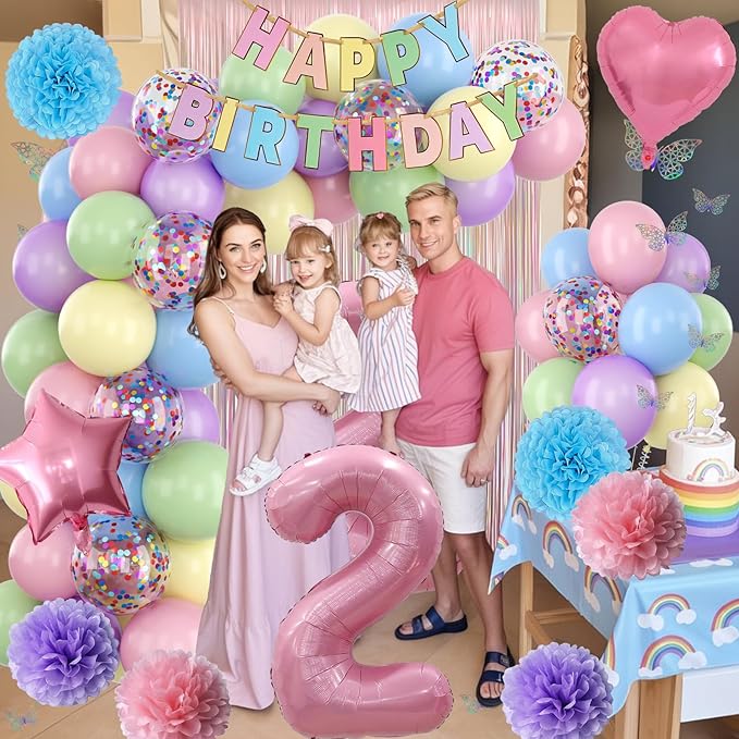 Pastel 2nd Birthday Party Decorations for Girls Number 2 Balloon Happy Birthday Banner Butterfly Stickers Fringe Curtain Paper Pom Poms Macaron Pink Star Foil Colorful Balloons Baby 2 Year Old Decor