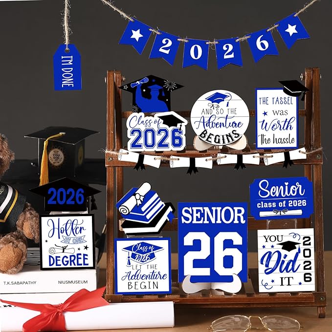 22 Pcs 2026 Graduation Tiered Tray Decor Sets Wooden Graduation Class of 2026 Table Decorations Senior 2026 Gown Diploma Farmhouse Signs for Home Shelf Party Office Desk(Blue)