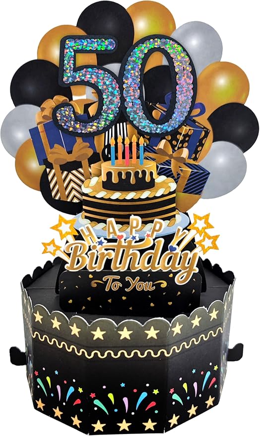 50th Birthday Cards 3D Popup Birthday Greeting Cards - Birthday Greeting Card for Men, Women, Mom and Dad with Blank Note and Envelope Included (Black Gold)