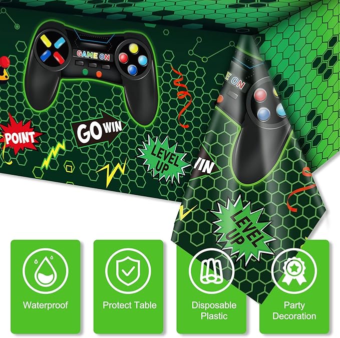 Tatuo 3 Pcs Video Game Table Cover, Game Theme Birthday Decoration Plastic Table Cloth Party Supplies for Boys Girls Kids Player Geek Party Decorations, 54 x 108 Inch (Green)