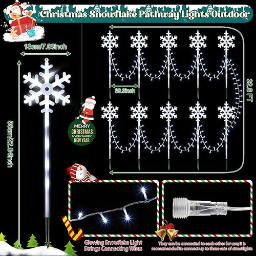 10 Pcs Christmas Snowflake Pathway Stake Lights for Outdoor Yard, 370 Bright LEDs Waterproof Large Christmas Snowflake Light Decoration for Garden Lawn Driveway Walkway Decor(Cool White)