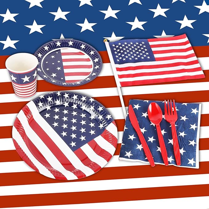 Esjay 4th of July Decorations, 3 Pack Fourth of July Tablecloth American Flag Plastic Table Cloth, Patriotic Party Supplies Red White Blue, Decorations for Memorial Day Veterans Outdoor Home(54"x72")