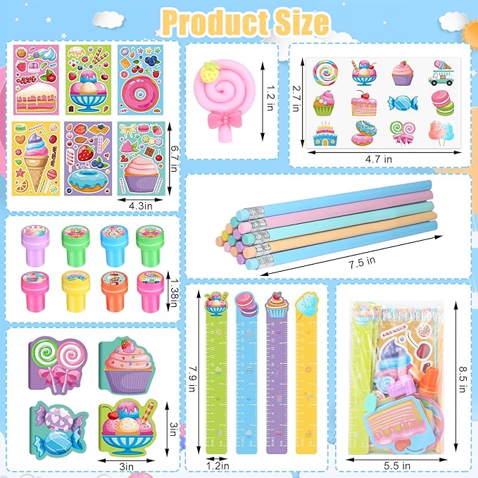 BenLouis 192Pcs Candyland Party Favors Ice Cream Donut Mini Notebook Stampers School Stationery Bulk for Kids Lollipop Sweet Treats Birthday Goodie Bags Pinata Filler Classroom Prizes Supplies