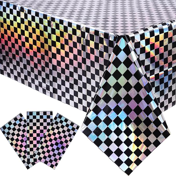 3 Packs Black Checkereed Iridescent Tablecloth 54 x 108 Inch Holographic Foil Table Cloth Shiny Disposable Laser Rectangle Plastic Table Cover for Picnic Camping