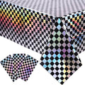 3 Packs Black Checkereed Iridescent Tablecloth 54 x 108 Inch Holographic Foil Table Cloth Shiny Disposable Laser Rectangle Plastic Table Cover for Picnic Camping