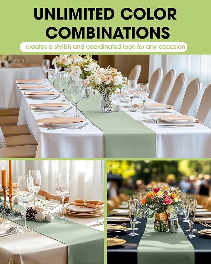 Pureegg Plastic Table Runners Disposable 12 Pack, 14 x 108 Inch Table Runner, Wedding Party, Decorative Table Runner, Rectangle, Light, Pastel Plastic Cover, Leakproof & Sturdy, Sage Green