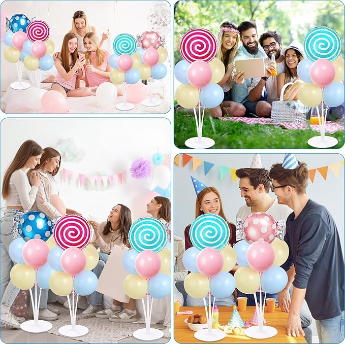 4 Sets Pastel Sweet Candy Theme Party Balloons Stand Kit with Lollipop Candies Foil Balloons Party Balloon Centerpiece for Tables for Candyland Birthday Party Candies Themed Decoration