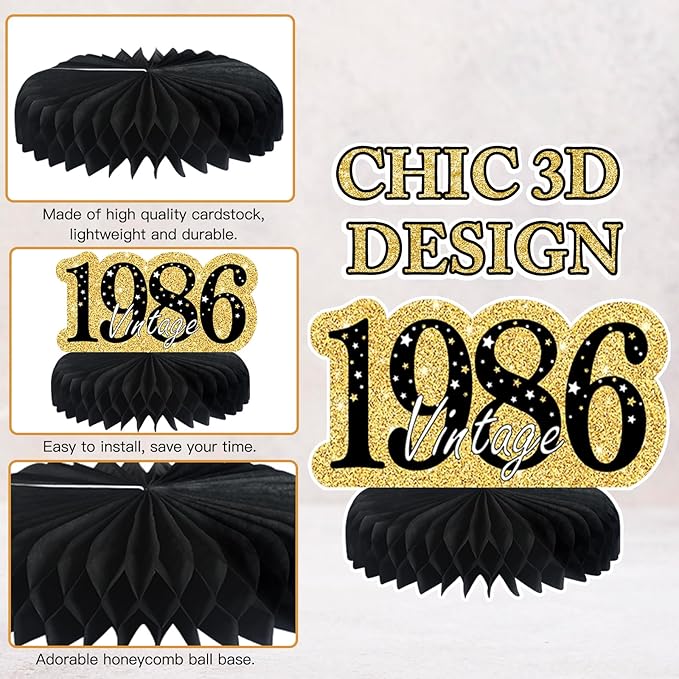 9 Pcs 40th Birthday Decorations Honeycomb Centerpieces for Women Men, Black Gold 1986 Aged to Perfection Vintage Centerpieces for Tables Toppers,Forty Years Party Decorations Supplies