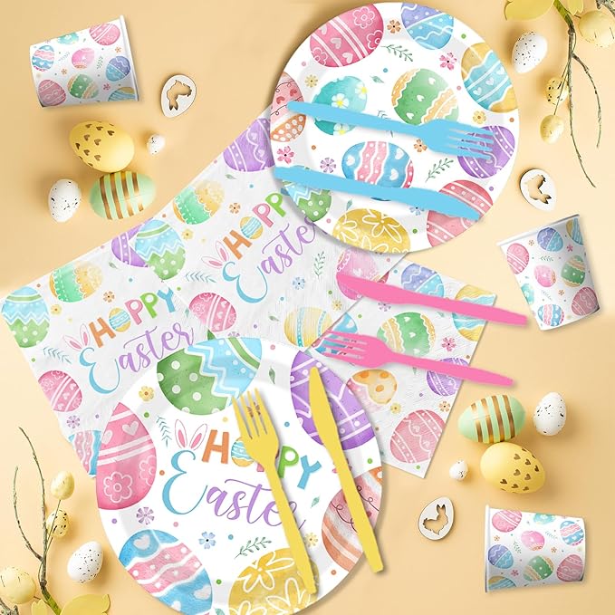 Easter Paper Plates and Napkins Sets, Easter Eggs Party Tableware include Watercolor Easter Egg Paper Plates and Napkins Disposable for Easer,Spring Themed Birthday Party Supplies,Serve 24
