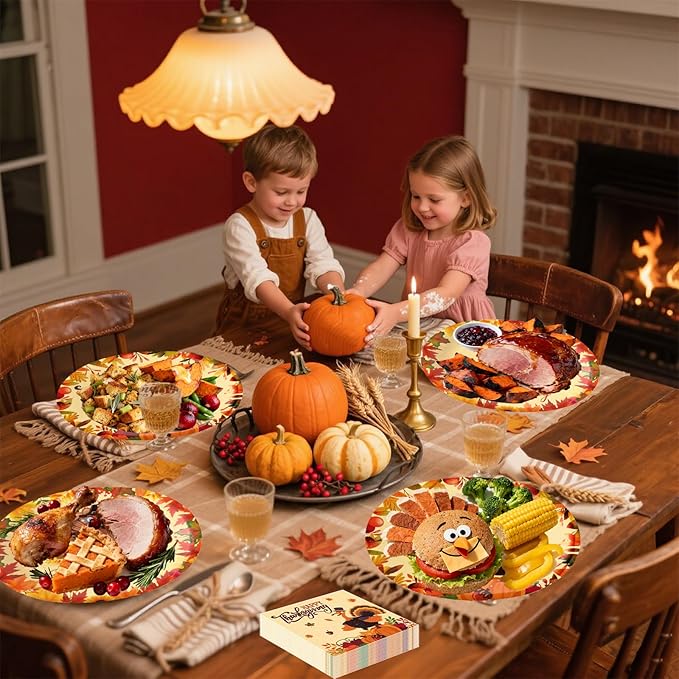 100Pcs Thanksgiving Oval Paper Plates and Napkins Set, 10" x 12" Turkey Designed Party Plates, Large Disposable Dinner Plates for Fall Party and Thanksgiving Day