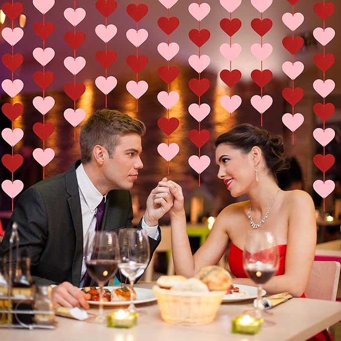 12 PCS Hanging Valentines Decor, Pre-Assemble Valentines Garland, Red Pink Galentines Decorations Heart Banner for Holiday Anniversary Wedding Birthday Party Backdrop Decor