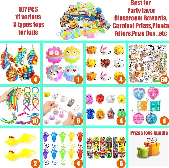 Leeche Premium Pop Party Favors Toys for kids,107PCS Prize Box Toys for All Ages kids,Birthday Party, School Classroom Rewards, Carnival Prizes, Pinata Fillers, Treasure Chest, Goody Bag Fillers