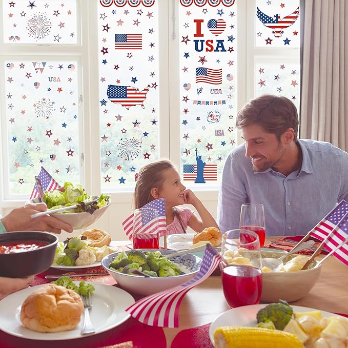 152 Pcs 4th of July Window Clings, 9 Sheets Patriotic Window Clings Decals, Watercolor Double-Sided American Flag Stars Firework Window Stickers for Independence Day Parade Veterans Memorial Day Decor