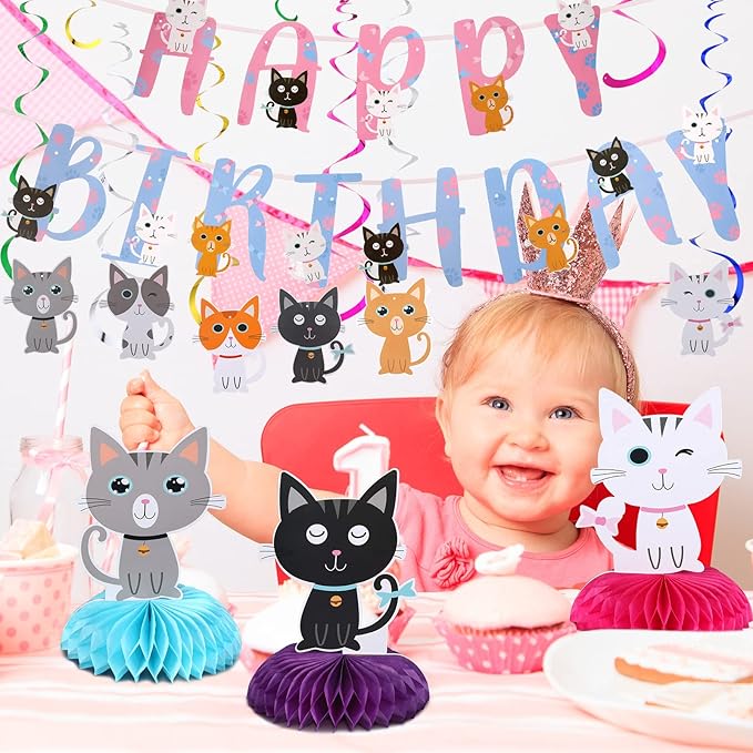 Chinco 16 Pcs Cat Theme Birthday Party Decorations Party Supplies Kit, Includes Cat Party Banner with 6 Hanging Cutouts 6 Hanging Swirl Decor and 3 Birthday Honeycomb Party Decoration(Cool Style)