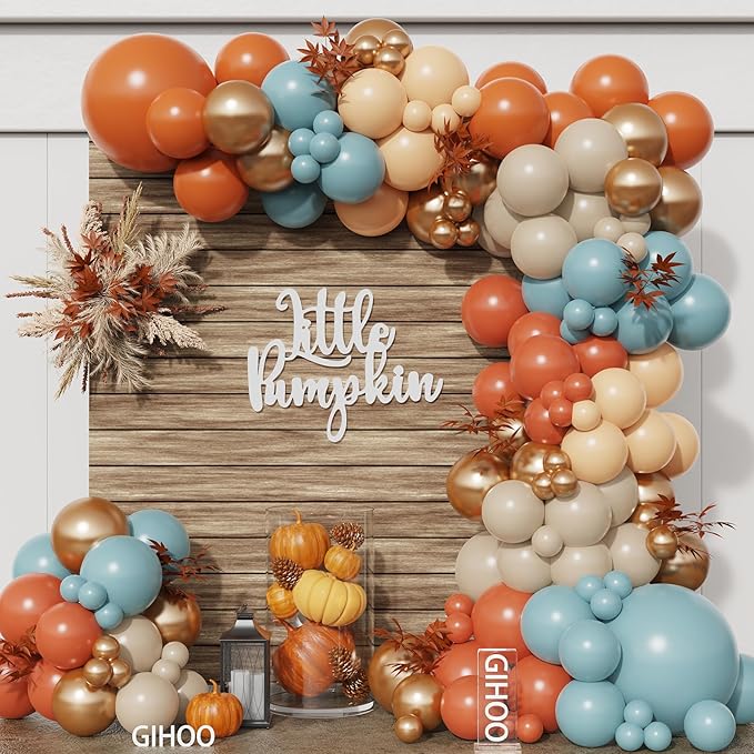 Fall Thanksgiving Balloon Arch Kit 137PCS Dusty Blue and Burnt Orange Balloon Garland for Fall Birthday A Little Pumpkin is On The Way Baby Shower Decorations