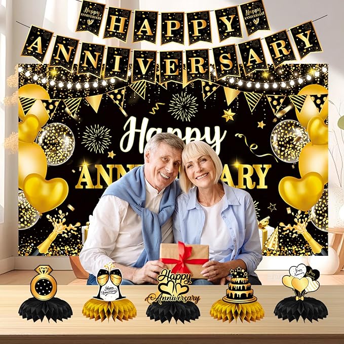 Happy Anniversary Decorations, Black and Gold Happy Wedding Anniversary Party Supplies - Happy Anniversary Banner,Backdrop 5.9 x 3.6Ft with 5pcs Honeycomb Centerpiece for Work Decorations