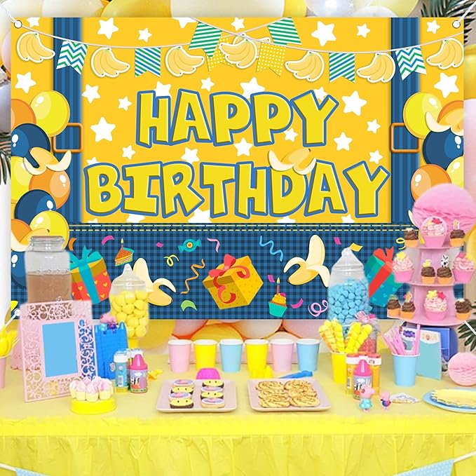 5x3ft Yellow Cowboy Cartoon Theme Backdrop Cartoon Banana Photography Background Kids Boys Girls Birthday Party Decorations Photo Booth Banner Props