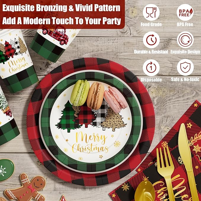 Christmas Party Decorations Supplies - 350 PCS Merry Christmas Birthday Buffalo Plaid Disposable Dinnerware Set(50 Guest) with Xmas Paper Plates Napkins Cups Plastic Fork Knive Spoon for Holiday Decor